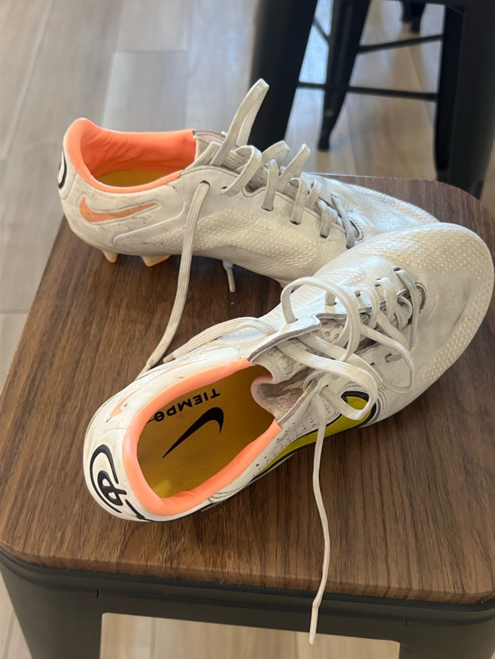 Nike White Soccer Cleats with Coral and Yellow Accents